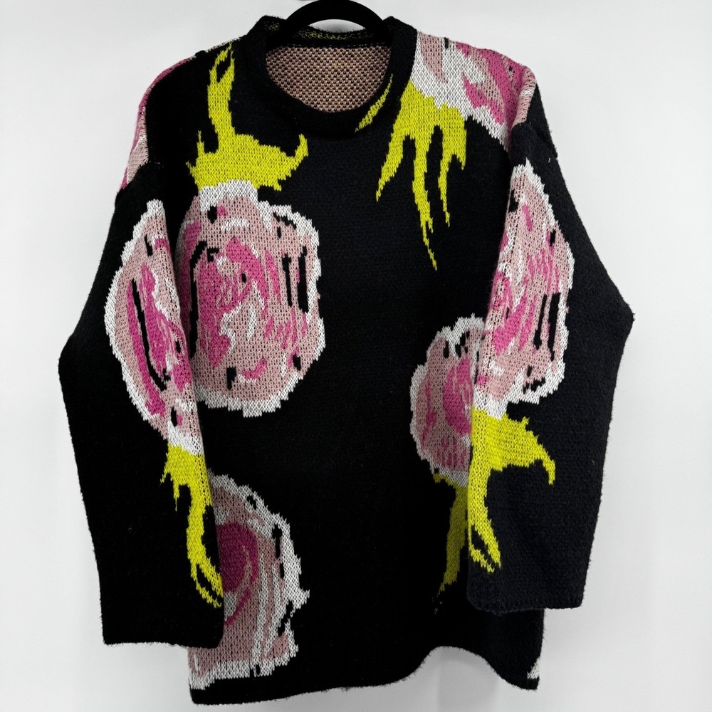 Oversized Floral Knit Sweater Black Pink Yellow Graphic Art Cozy Abstract XL